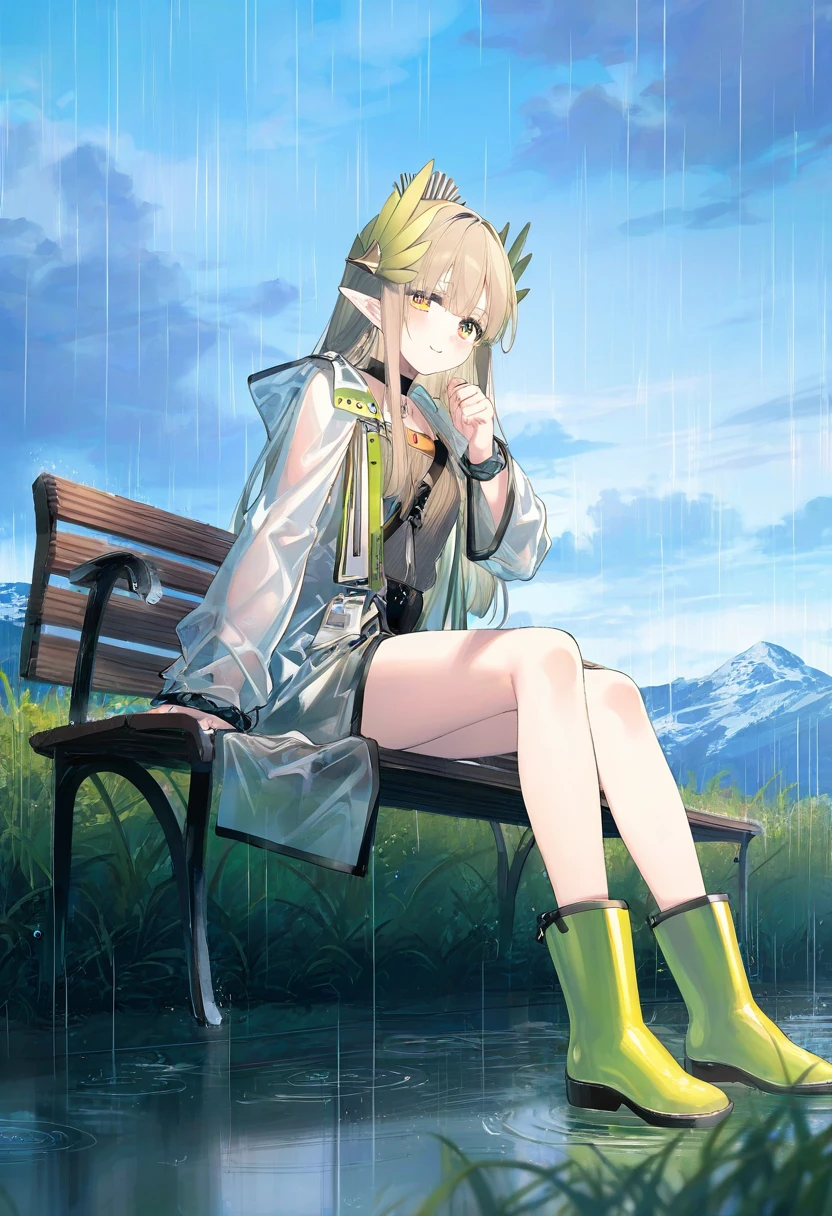 ((toosaka asagi)),[[ningen mame],ciloranko,[sho \(sho lwlw\)],[[tianliang duohe fangdongye]],[rhasta]], - 1girl,muelsyse \(arknights\),arknights,cloudy sky,grass,on bench,outdoors,rain,road,yellow rubber boots,see-through coat,sitting,transparent raincoat,water drop,