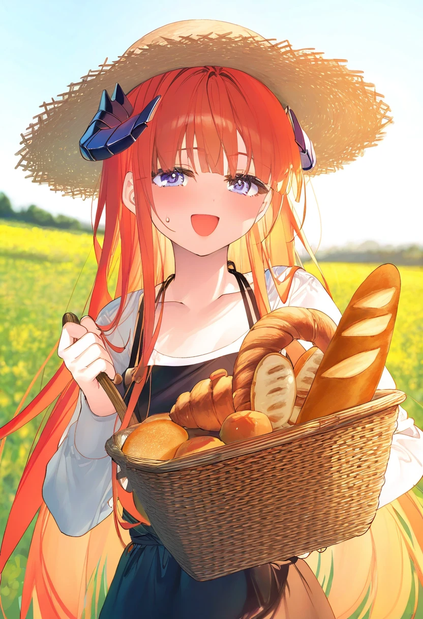 ((toosaka asagi)),[[ningen mame],ciloranko,[sho \(sho lwlw\)],[[tianliang duohe fangdongye]],[rhasta]], - 1girl,bagpipe \(arknights\),arknights,baguette,blush,bread,croissant,holding basket,pretzel,upper body,straw hat,field,sky,laughing,sweat,sunlight,