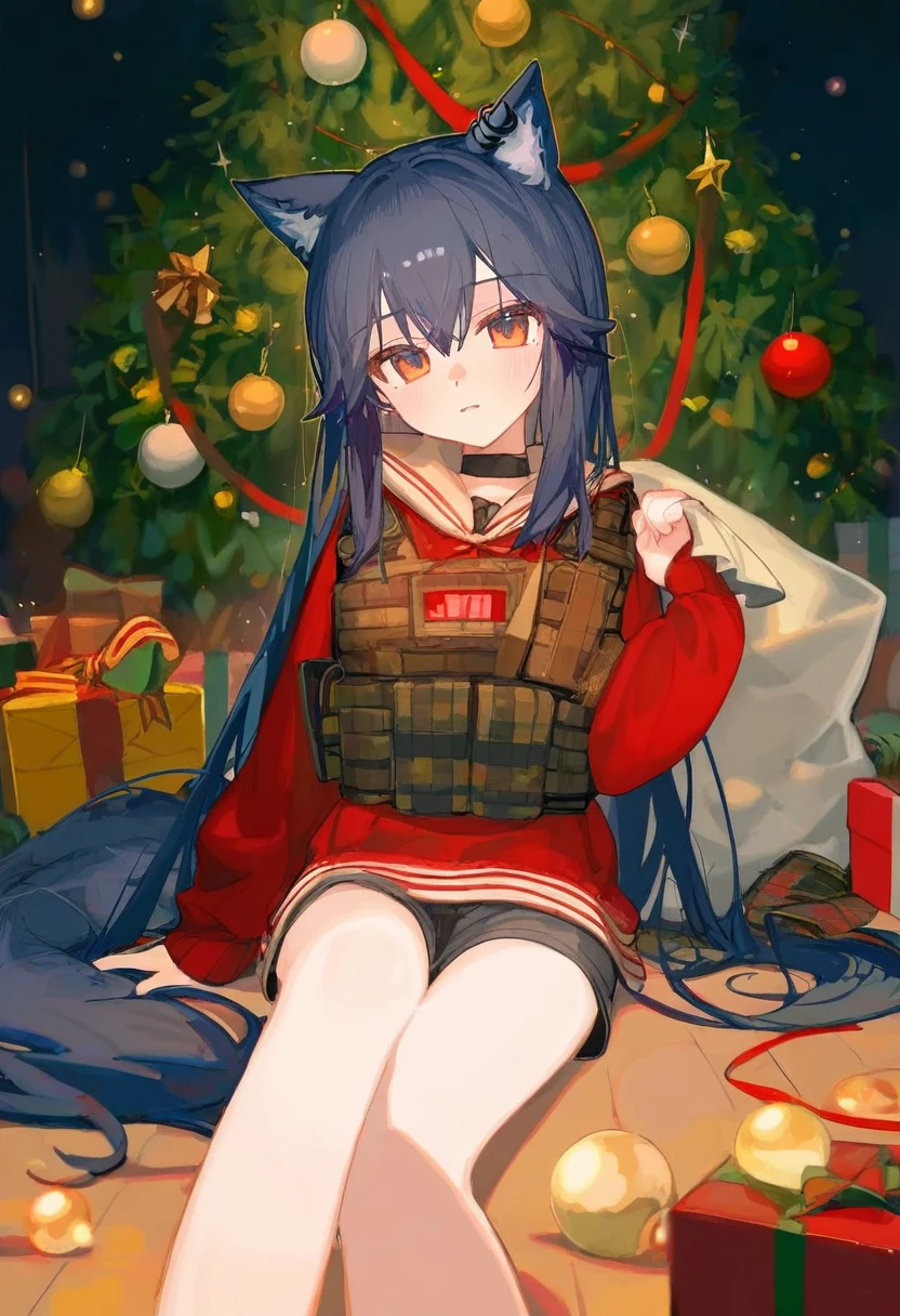 [ningen mame],ciloranko,[sho \(sho lwlw\)],[[tianliang duohe fangdongye]],[eip \(pepai\)],[rukako],[[[memmo]]],[[[[[hoshi \(snacherubi\)]]]]] ,[[[[[nibiiro shizuka]]]]], - 1girl,texas \(arknights\),arknights,underwear,tactical vest,christmas tree,christmas ornaments,