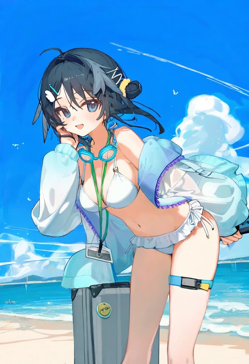 [ningen mame],ciloranko,[sho \(sho lwlw\)],[[tianliang duohe fangdongye]],[eip \(pepai\)],[rukako],[[[memmo]]],[[[[[hoshi \(snacherubi\)]]]]] ,[[[[[nibiiro shizuka]]]]], - 1girl,la pluma \(summer flowers\) \(arknights\),arknights,white bikini,outdoors,navel,day,sky,blue sky,beach,suitcase,looking at viewer,ocean,low-tied long hair,leaning forward,standing,holding,frills,hand up,bare shoulders,floating hair,