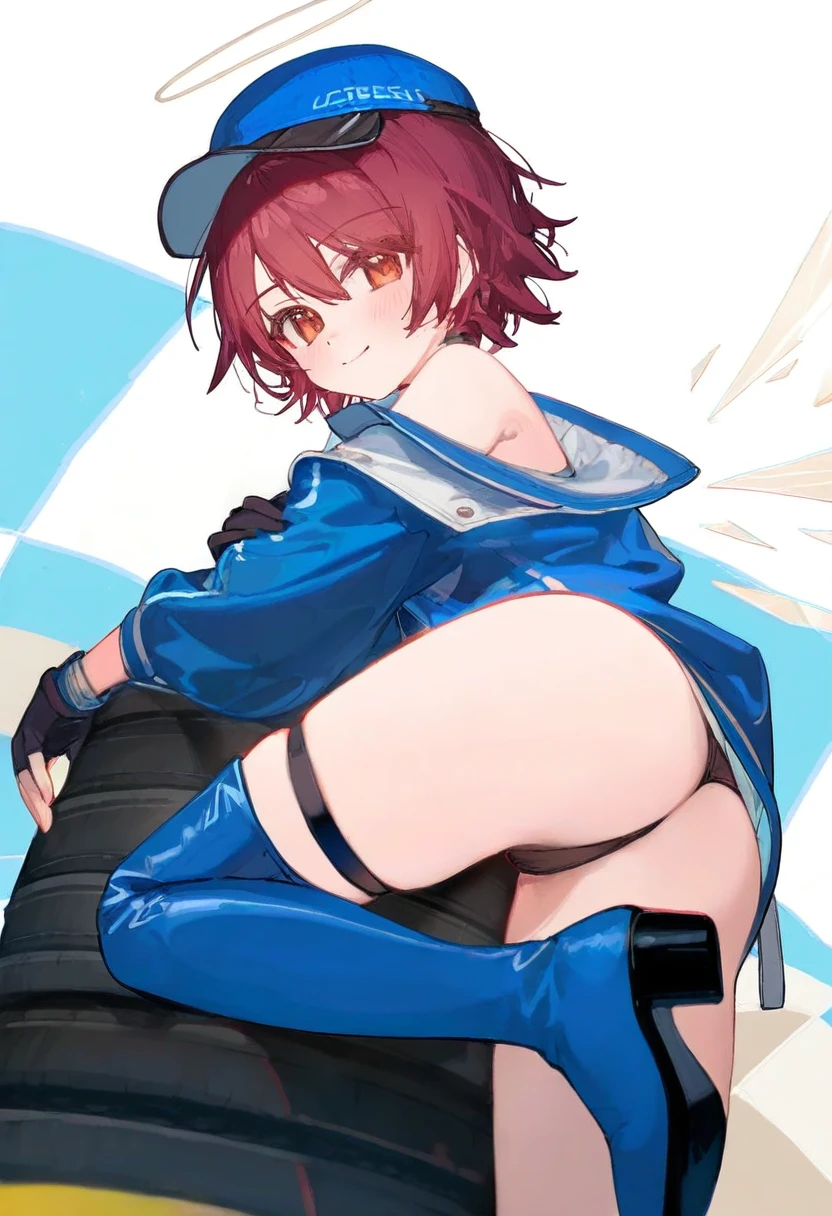 [ningen mame],ciloranko,[sho \(sho lwlw\)],[[tianliang duohe fangdongye]],[eip \(pepai\)],[rukako],[[[memmo]]],[[[[[hoshi \(snacherubi\)]]]]] ,[[[[[nibiiro shizuka]]]]], - 1girl,exusiai \(arknights\),arknights,black gloves,black panties,blue thigh boots,blue hat,blue jacket,long sleeves,race queen,thigh strap,thong,single bare shoulder,skindentation,tire,