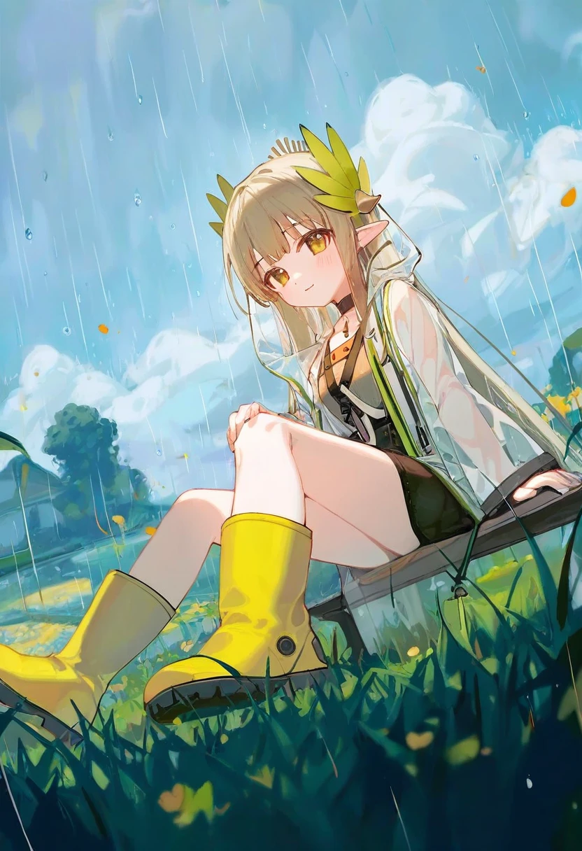 [ningen mame],ciloranko,[sho \(sho lwlw\)],[[tianliang duohe fangdongye]],[eip \(pepai\)],[rukako],[[[memmo]]],[[[[[hoshi \(snacherubi\)]]]]] ,[[[[[nibiiro shizuka]]]]], - 1girl,muelsyse \(arknights\),arknights,cloudy sky,grass,on bench,outdoors,rain,road,yellow rubber boots,see-through coat,sitting,transparent raincoat,water drop,