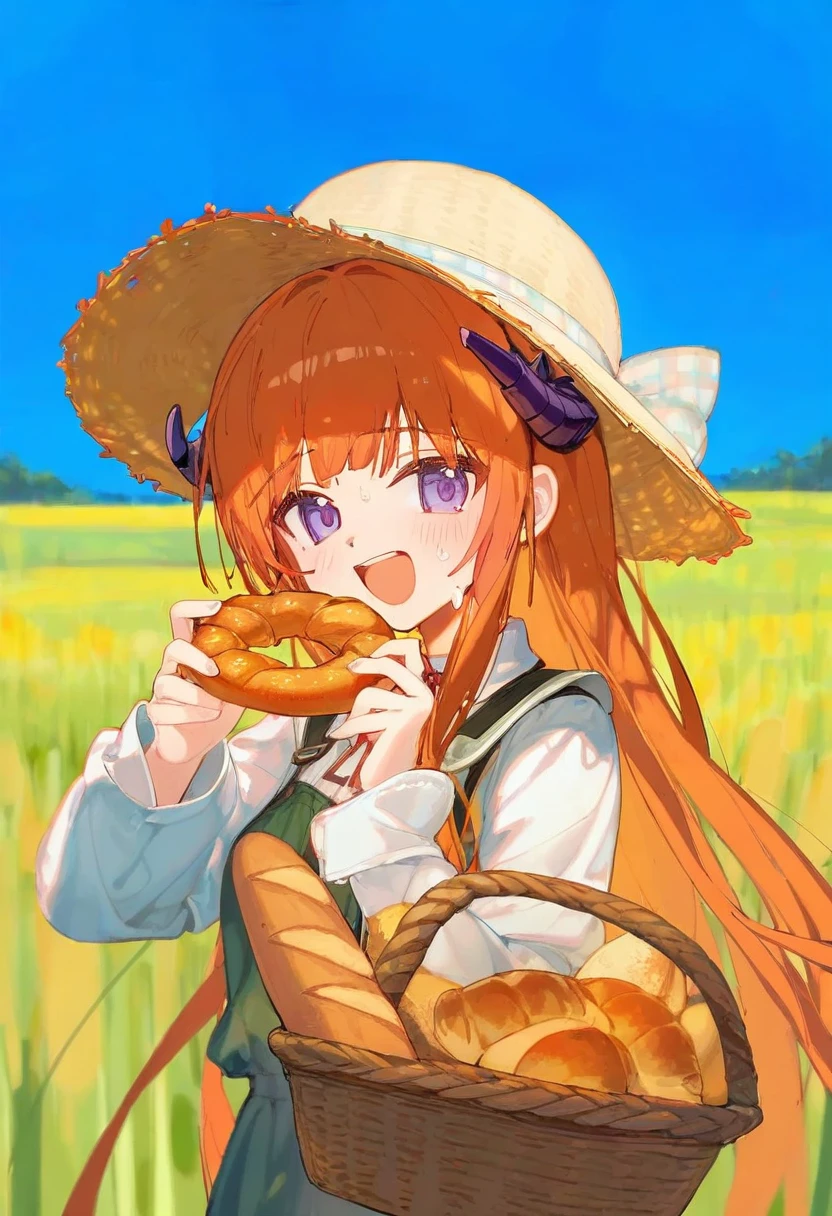 [ningen mame],ciloranko,[sho \(sho lwlw\)],[[tianliang duohe fangdongye]],[eip \(pepai\)],[rukako],[[[memmo]]],[[[[[hoshi \(snacherubi\)]]]]] ,[[[[[nibiiro shizuka]]]]], - 1girl,bagpipe \(arknights\),arknights,baguette,blush,bread,croissant,holding basket,pretzel,upper body,straw hat,field,sky,laughing,sweat,sunlight,