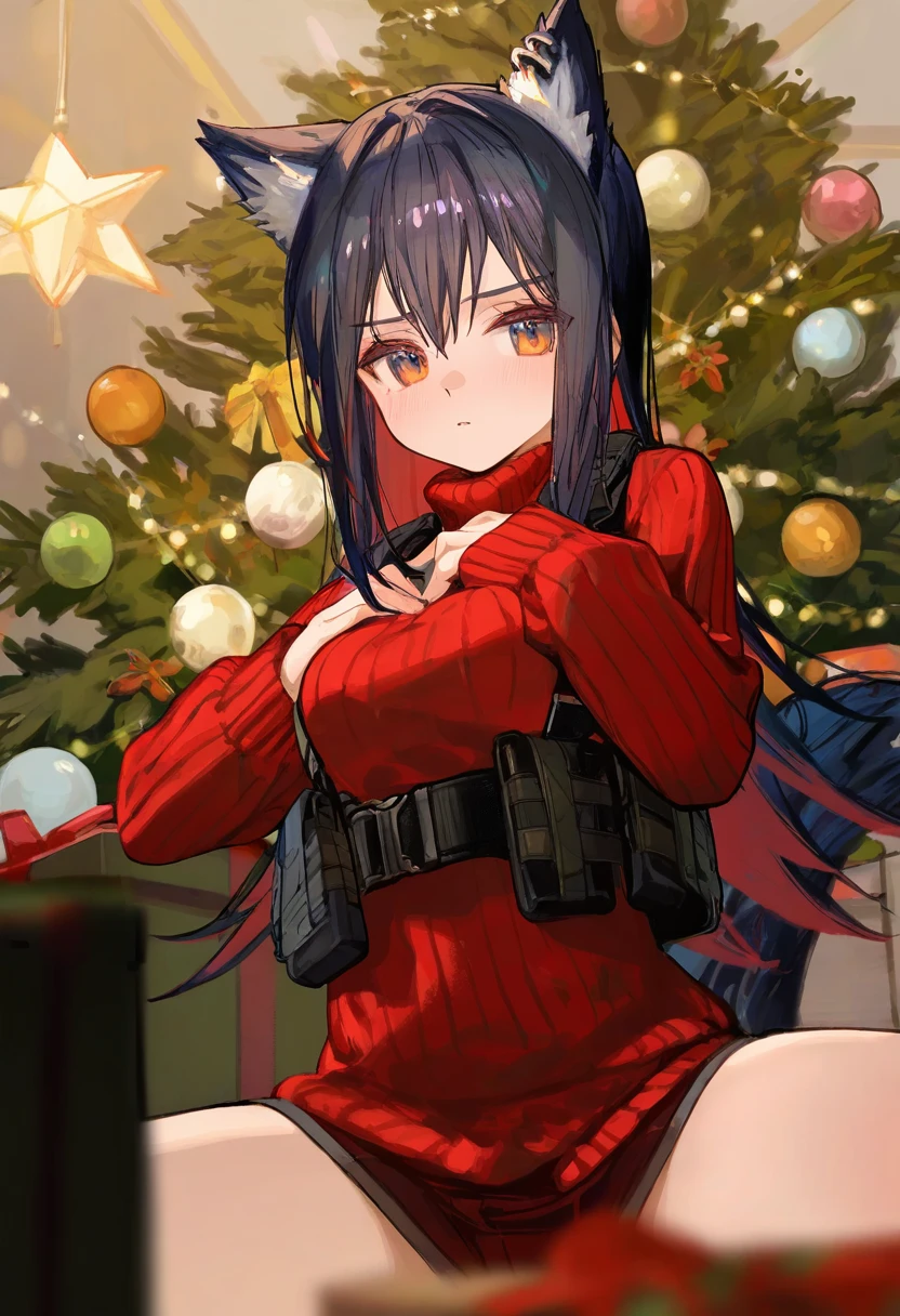ningen mame,ciloranko,[fuzichoco],[sho \(sho lwlw\)],[tianliang duohe fangdongye],as109, - 1girl,texas \(arknights\),arknights,underwear,tactical vest,christmas tree,christmas ornaments,