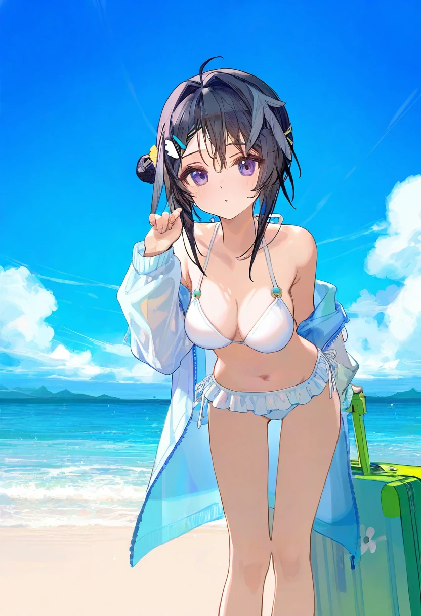 ningen mame,ciloranko,[fuzichoco],[sho \(sho lwlw\)],[tianliang duohe fangdongye],as109, - 1girl,la pluma \(summer flowers\) \(arknights\),arknights,white bikini,outdoors,navel,day,sky,blue sky,beach,suitcase,looking at viewer,ocean,low-tied long hair,leaning forward,standing,holding,frills,hand up,bare shoulders,floating hair,