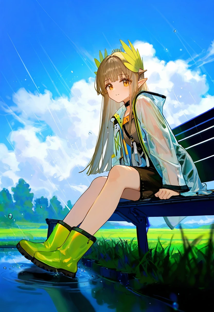 ningen mame,ciloranko,[fuzichoco],[sho \(sho lwlw\)],[tianliang duohe fangdongye],as109, - 1girl,muelsyse \(arknights\),arknights,cloudy sky,grass,on bench,outdoors,rain,road,yellow rubber boots,see-through coat,sitting,transparent raincoat,water drop,