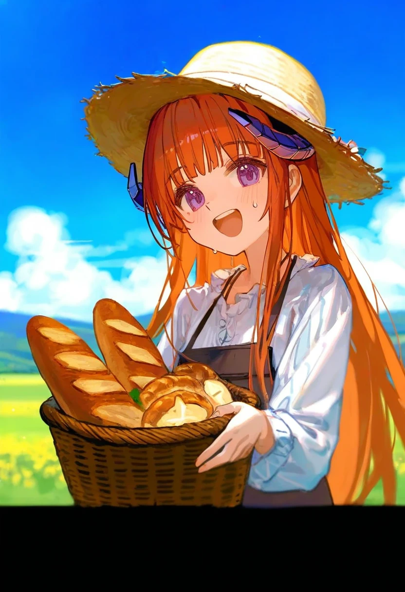 ningen mame,ciloranko,[fuzichoco],[sho \(sho lwlw\)],[tianliang duohe fangdongye],as109, - 1girl,bagpipe \(arknights\),arknights,baguette,blush,bread,croissant,holding basket,pretzel,upper body,straw hat,field,sky,laughing,sweat,sunlight,