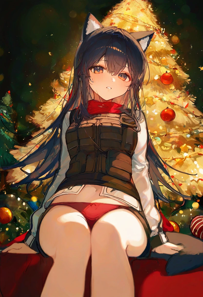 [[ningen mame]],ciloranko,noyu \(noyu23386566\), - 1girl,texas \(arknights\),arknights,underwear,tactical vest,christmas tree,christmas ornaments,