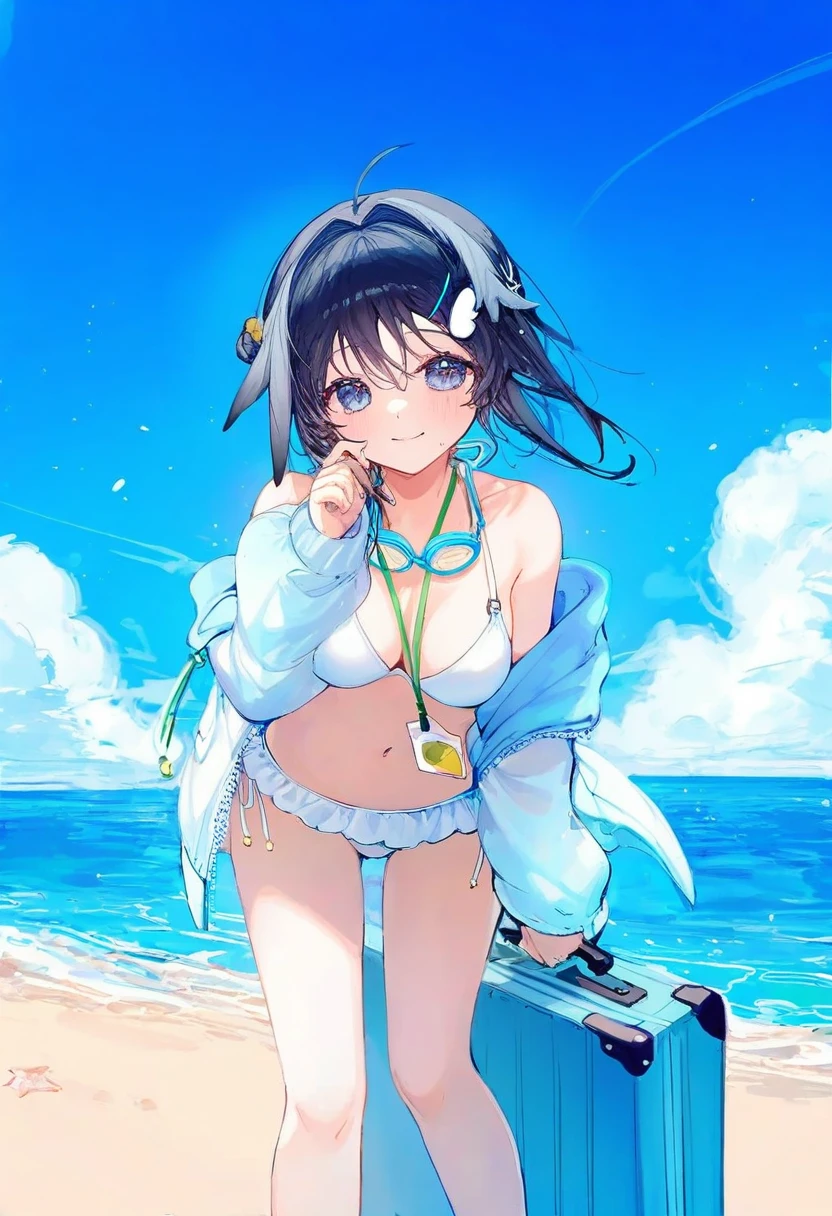 [[ningen mame]],ciloranko,noyu \(noyu23386566\), - 1girl,la pluma \(summer flowers\) \(arknights\),arknights,white bikini,outdoors,navel,day,sky,blue sky,beach,suitcase,looking at viewer,ocean,low-tied long hair,leaning forward,standing,holding,frills,hand up,bare shoulders,floating hair,