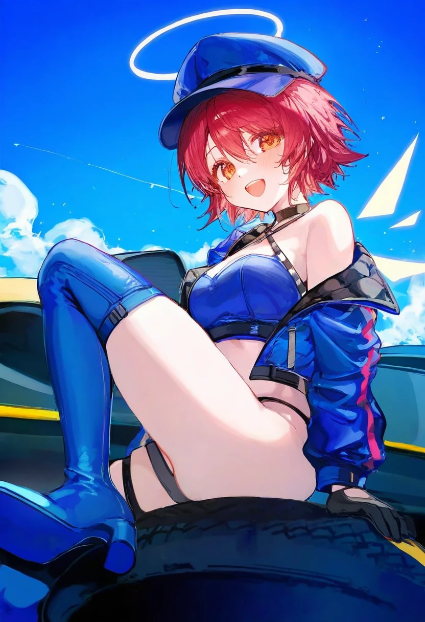[[ningen mame]],ciloranko,noyu \(noyu23386566\), - 1girl,exusiai \(arknights\),arknights,black gloves,black panties,blue thigh boots,blue hat,blue jacket,long sleeves,race queen,thigh strap,thong,single bare shoulder,skindentation,tire,
