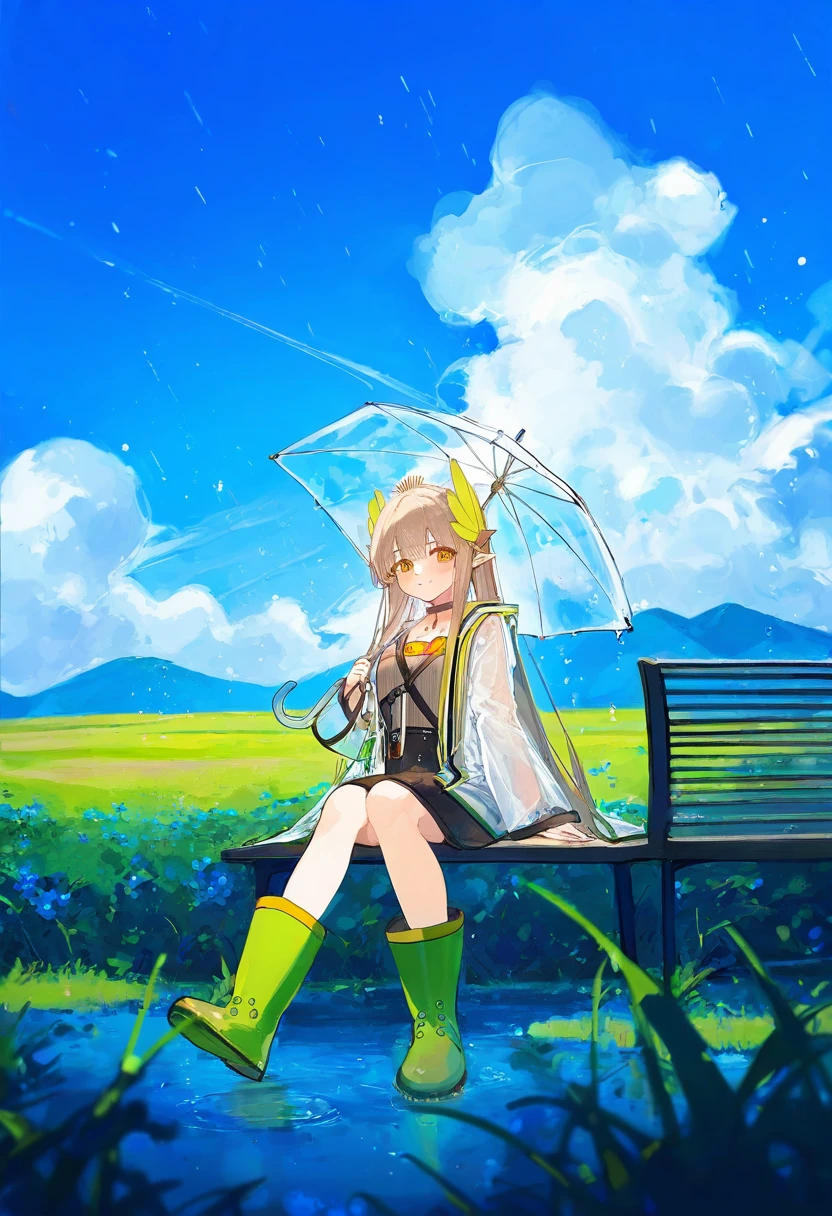 [[ningen mame]],ciloranko,noyu \(noyu23386566\), - 1girl,muelsyse \(arknights\),arknights,cloudy sky,grass,on bench,outdoors,rain,road,yellow rubber boots,see-through coat,sitting,transparent raincoat,water drop,
