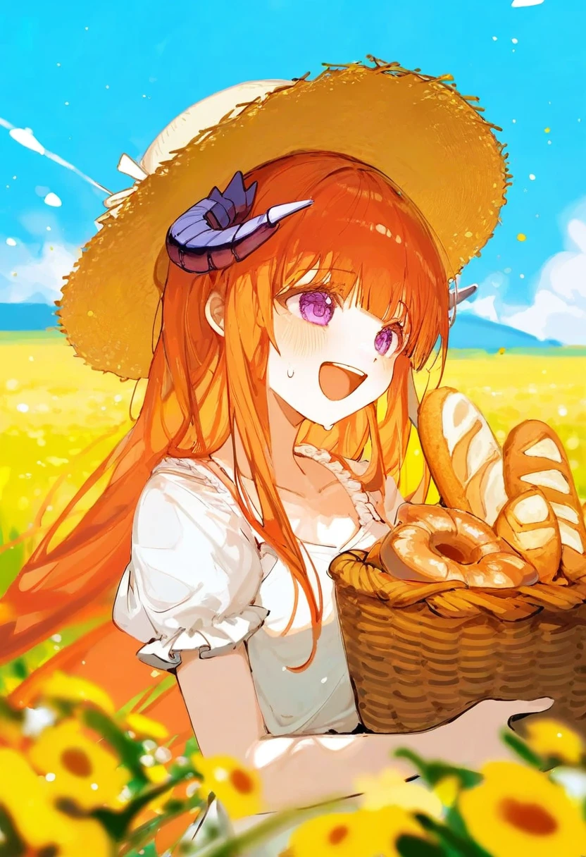 [[ningen mame]],ciloranko,noyu \(noyu23386566\), - 1girl,bagpipe \(arknights\),arknights,baguette,blush,bread,croissant,holding basket,pretzel,upper body,straw hat,field,sky,laughing,sweat,sunlight,