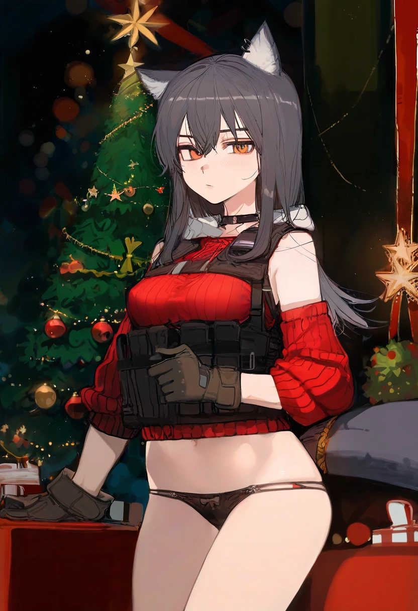 ratatatat74,((ciloranko)),[[[Rella]]],[[ask\(askzy\)]],[[harogen pabirion]], - 1girl,texas \(arknights\),arknights,underwear,tactical vest,christmas tree,christmas ornaments,