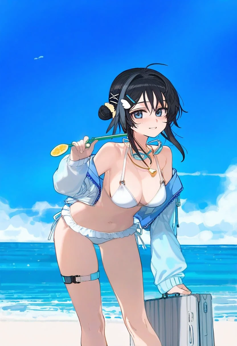 ratatatat74,((ciloranko)),[[[Rella]]],[[ask\(askzy\)]],[[harogen pabirion]], - 1girl,la pluma \(summer flowers\) \(arknights\),arknights,white bikini,outdoors,navel,day,sky,blue sky,beach,suitcase,looking at viewer,ocean,low-tied long hair,leaning forward,standing,holding,frills,hand up,bare shoulders,floating hair,