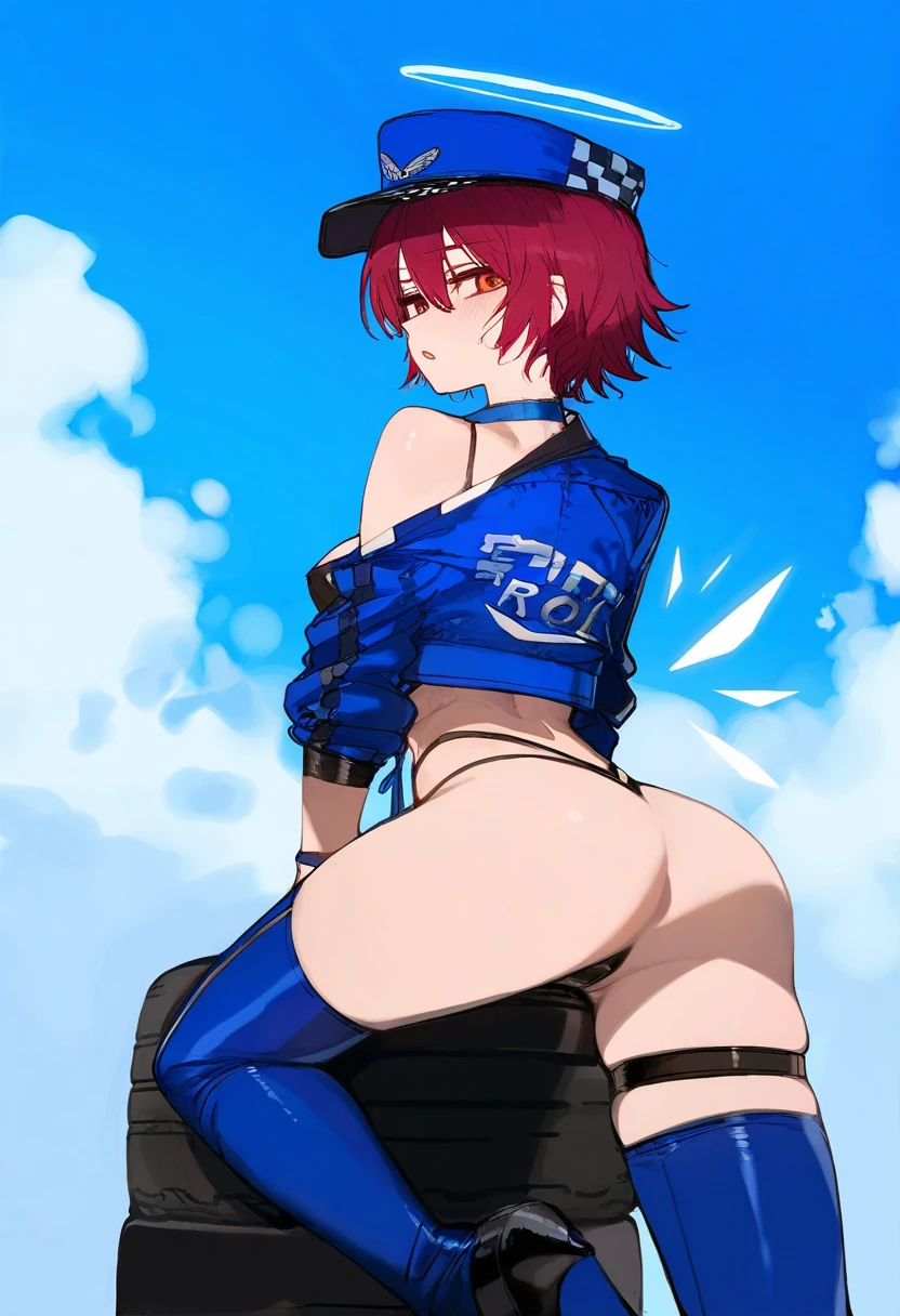 ratatatat74,((ciloranko)),[[[Rella]]],[[ask\(askzy\)]],[[harogen pabirion]], - 1girl,exusiai \(arknights\),arknights,black gloves,black panties,blue thigh boots,blue hat,blue jacket,long sleeves,race queen,thigh strap,thong,single bare shoulder,skindentation,tire,