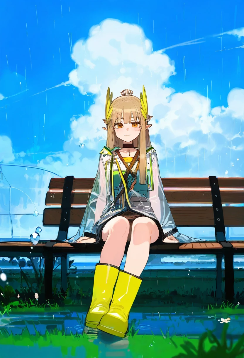 ratatatat74,((ciloranko)),[[[Rella]]],[[ask\(askzy\)]],[[harogen pabirion]], - 1girl,muelsyse \(arknights\),arknights,cloudy sky,grass,on bench,outdoors,rain,road,yellow rubber boots,see-through coat,sitting,transparent raincoat,water drop,