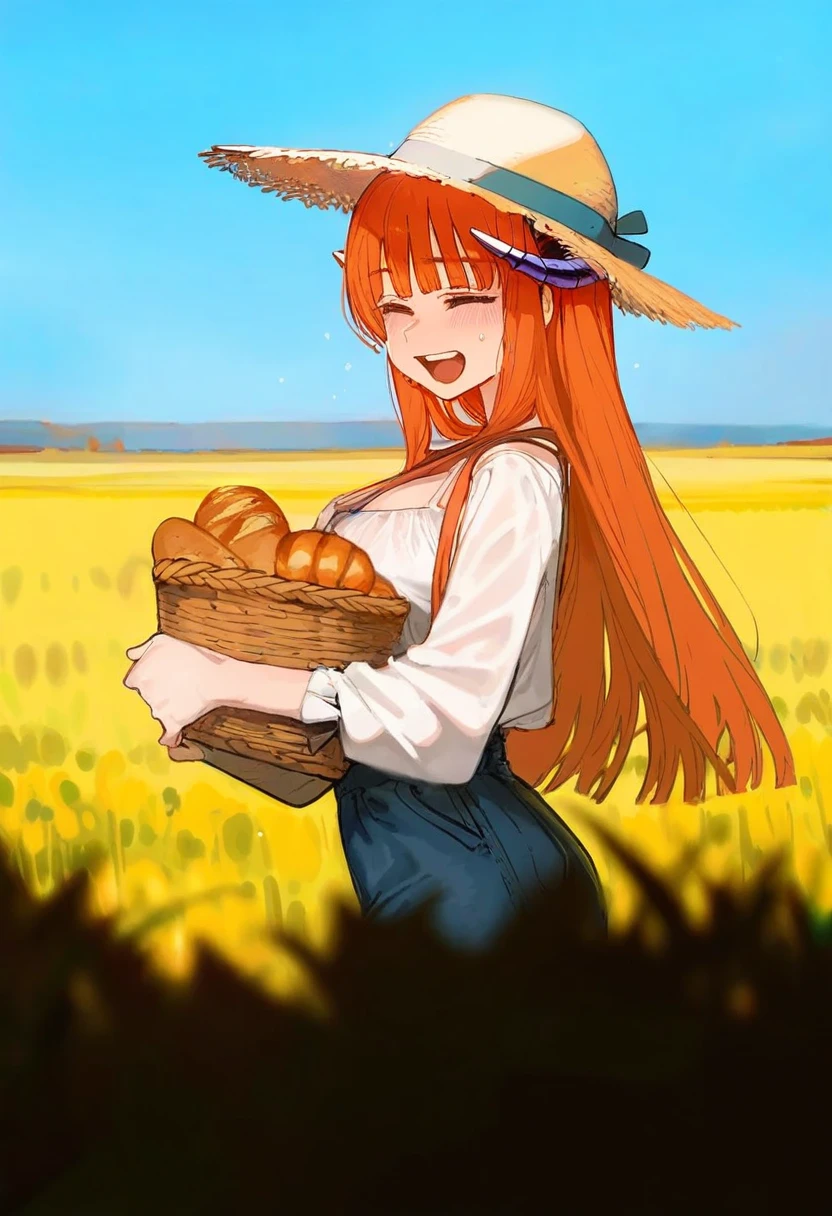 ratatatat74,((ciloranko)),[[[Rella]]],[[ask\(askzy\)]],[[harogen pabirion]], - 1girl,bagpipe \(arknights\),arknights,baguette,blush,bread,croissant,holding basket,pretzel,upper body,straw hat,field,sky,laughing,sweat,sunlight,