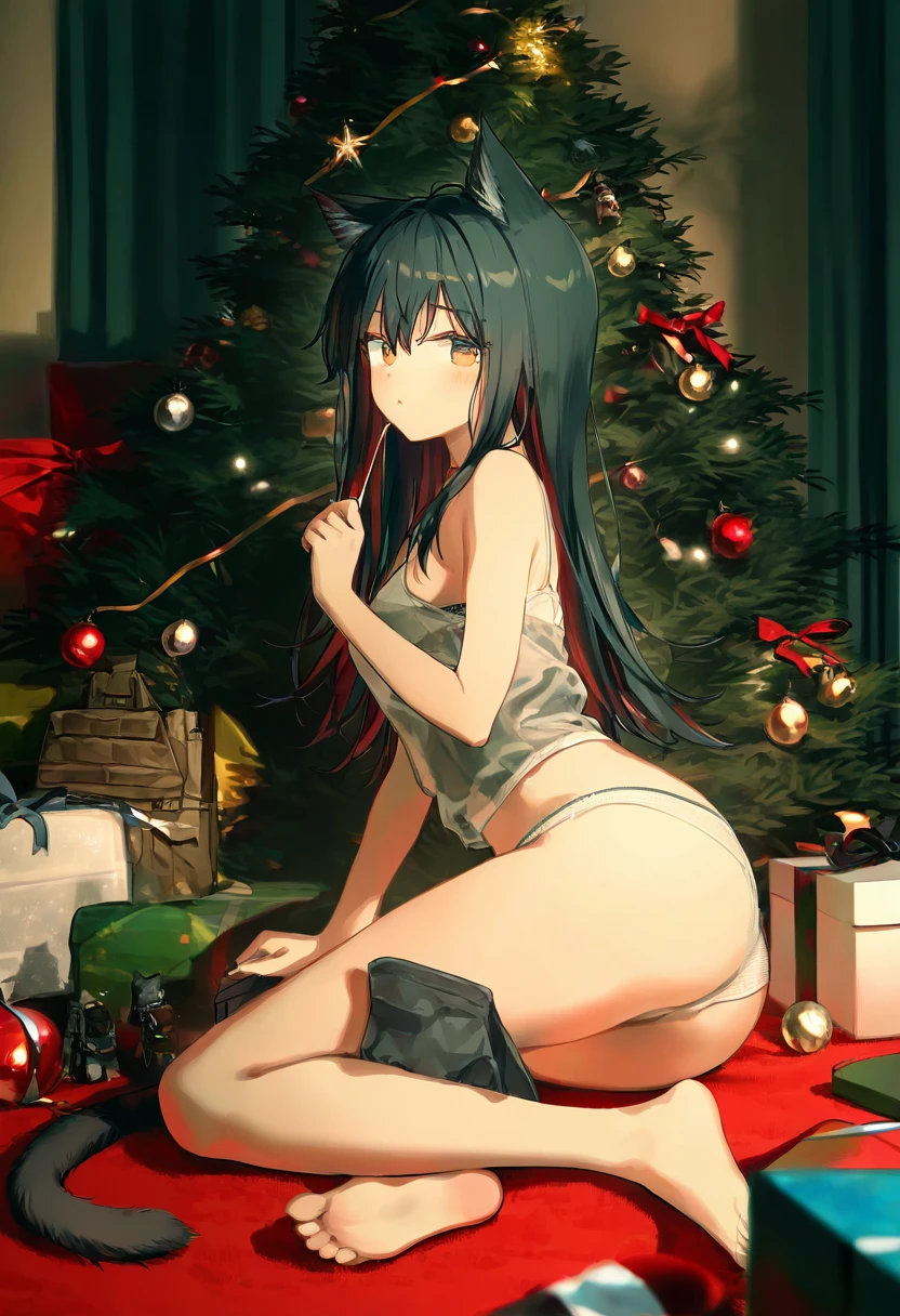 [[hiten]],[chen bin],[ningen mame],[sho \(sho lwlw\)],[[[tianliang duohe fangdongye]]], - 1girl,texas \(arknights\),arknights,underwear,tactical vest,christmas tree,christmas ornaments,