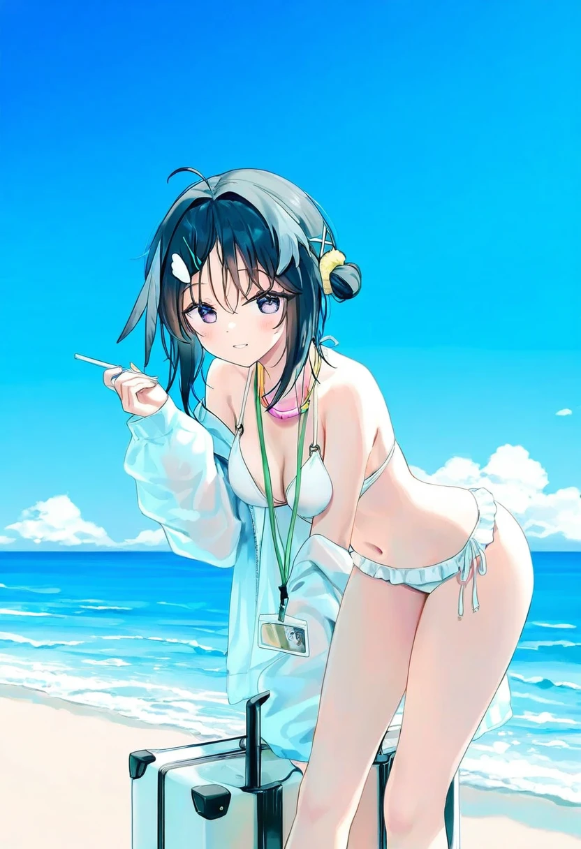 [[hiten]],[chen bin],[ningen mame],[sho \(sho lwlw\)],[[[tianliang duohe fangdongye]]], - 1girl,la pluma \(summer flowers\) \(arknights\),arknights,white bikini,outdoors,navel,day,sky,blue sky,beach,suitcase,looking at viewer,ocean,low-tied long hair,leaning forward,standing,holding,frills,hand up,bare shoulders,floating hair,