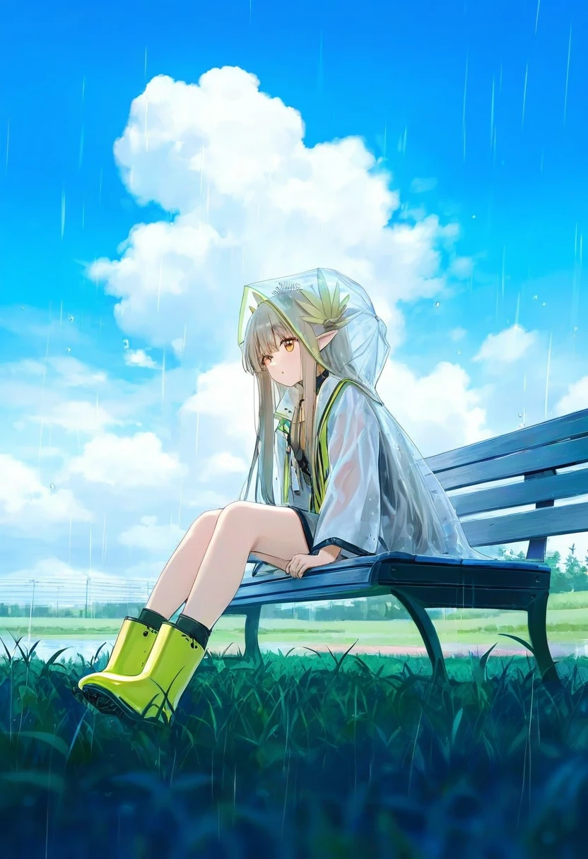 [[hiten]],[chen bin],[ningen mame],[sho \(sho lwlw\)],[[[tianliang duohe fangdongye]]], - 1girl,muelsyse \(arknights\),arknights,cloudy sky,grass,on bench,outdoors,rain,road,yellow rubber boots,see-through coat,sitting,transparent raincoat,water drop,