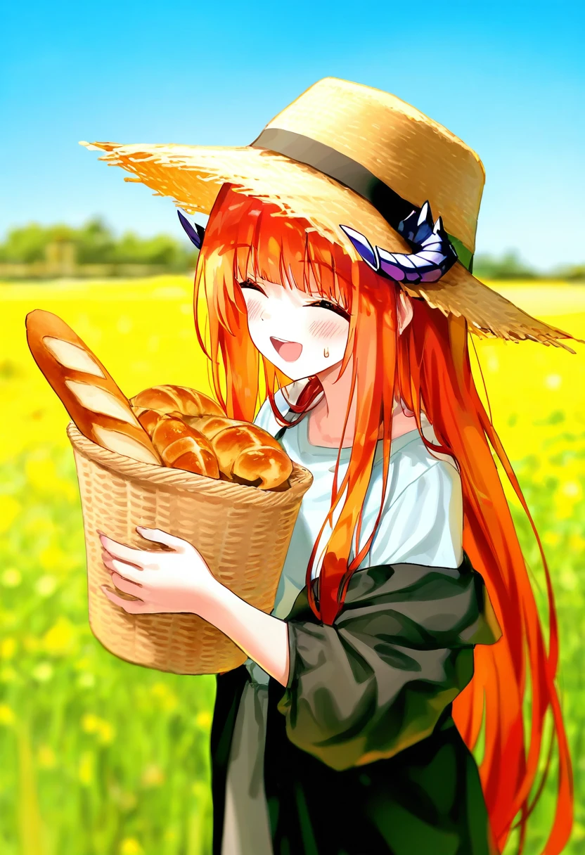 [[hiten]],[chen bin],[ningen mame],[sho \(sho lwlw\)],[[[tianliang duohe fangdongye]]], - 1girl,bagpipe \(arknights\),arknights,baguette,blush,bread,croissant,holding basket,pretzel,upper body,straw hat,field,sky,laughing,sweat,sunlight,