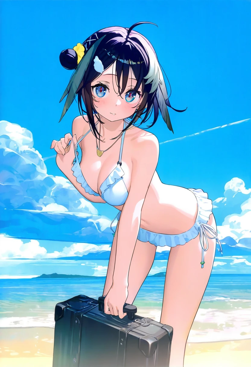 ningen mame,mika pikazo,(reoen,tianliang duohe fangdongye),[ask \(askzy\)],[kantoku], - 1girl,la pluma \(summer flowers\) \(arknights\),arknights,white bikini,outdoors,navel,day,sky,blue sky,beach,suitcase,looking at viewer,ocean,low-tied long hair,leaning forward,standing,holding,frills,hand up,bare shoulders,floating hair,