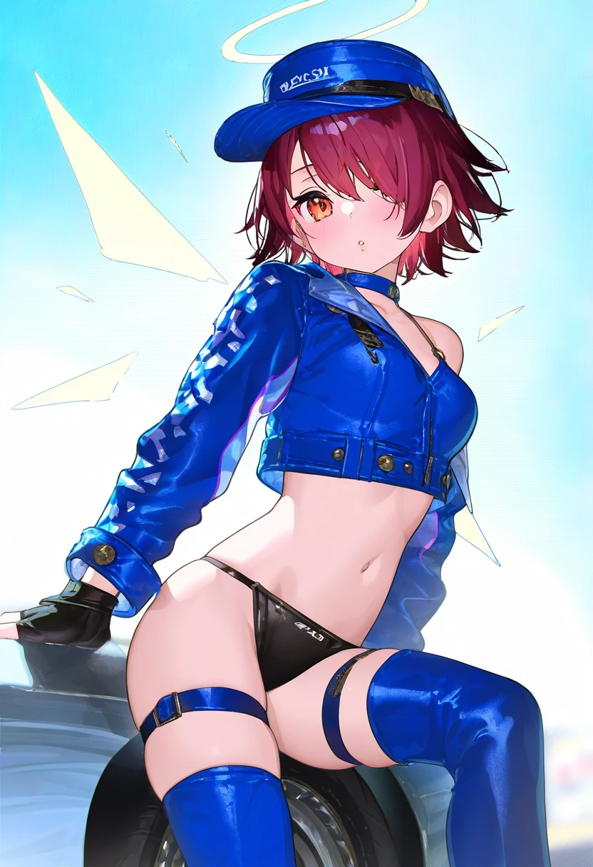 ningen mame,mika pikazo,(reoen,tianliang duohe fangdongye),[ask \(askzy\)],[kantoku], - 1girl,exusiai \(arknights\),arknights,black gloves,black panties,blue thigh boots,blue hat,blue jacket,long sleeves,race queen,thigh strap,thong,single bare shoulder,skindentation,tire,
