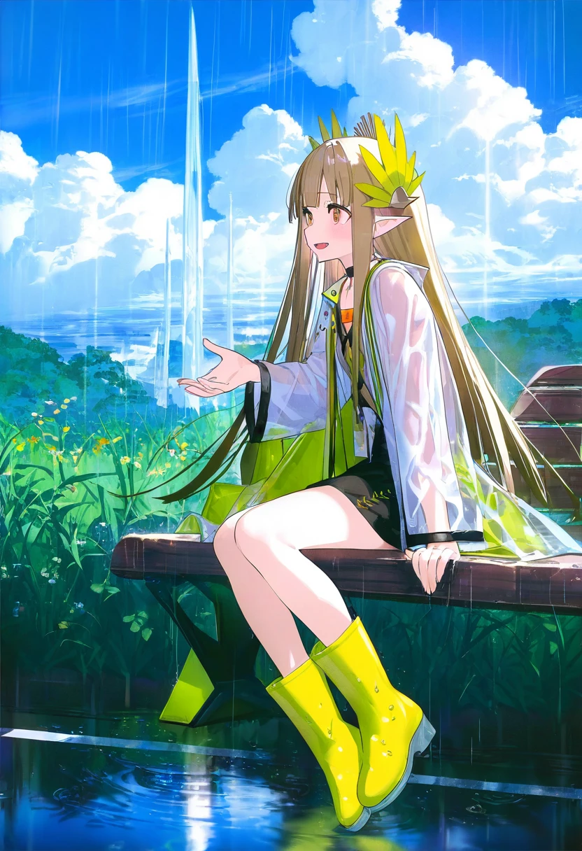 ningen mame,mika pikazo,(reoen,tianliang duohe fangdongye),[ask \(askzy\)],[kantoku], - 1girl,muelsyse \(arknights\),arknights,cloudy sky,grass,on bench,outdoors,rain,road,yellow rubber boots,see-through coat,sitting,transparent raincoat,water drop,