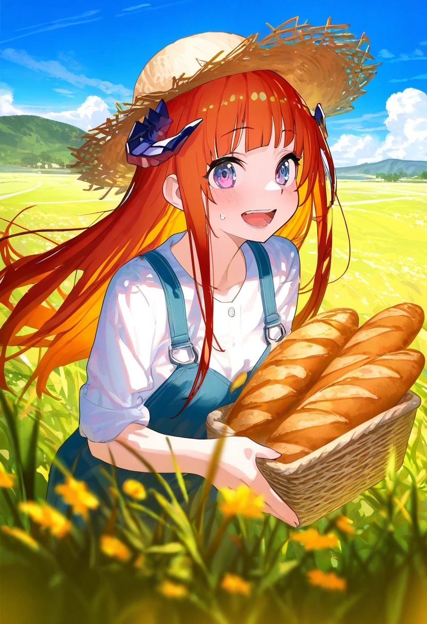 ningen mame,mika pikazo,(reoen,tianliang duohe fangdongye),[ask \(askzy\)],[kantoku], - 1girl,bagpipe \(arknights\),arknights,baguette,blush,bread,croissant,holding basket,pretzel,upper body,straw hat,field,sky,laughing,sweat,sunlight,
