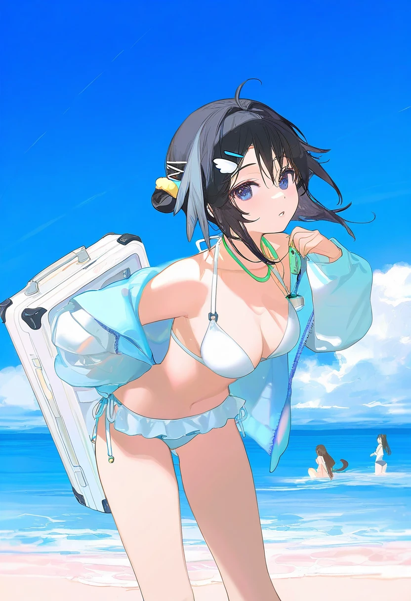 miyuki \(miyuki0529\),potg,rei \(sanbonzakura\),cierra \(ra-bit\),ask \(askzy\),gomzi,you shimizu,[ningen mame],ciloranko, - 1girl,la pluma \(summer flowers\) \(arknights\),arknights,white bikini,outdoors,navel,day,sky,blue sky,beach,suitcase,looking at viewer,ocean,low-tied long hair,leaning forward,standing,holding,frills,hand up,bare shoulders,floating hair,