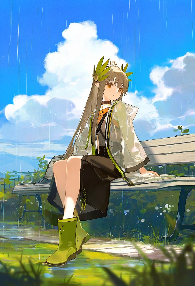 miyuki \(miyuki0529\),potg,rei \(sanbonzakura\),cierra \(ra-bit\),ask \(askzy\),gomzi,you shimizu,[ningen mame],ciloranko, - 1girl,muelsyse \(arknights\),arknights,cloudy sky,grass,on bench,outdoors,rain,road,yellow rubber boots,see-through coat,sitting,transparent raincoat,water drop,