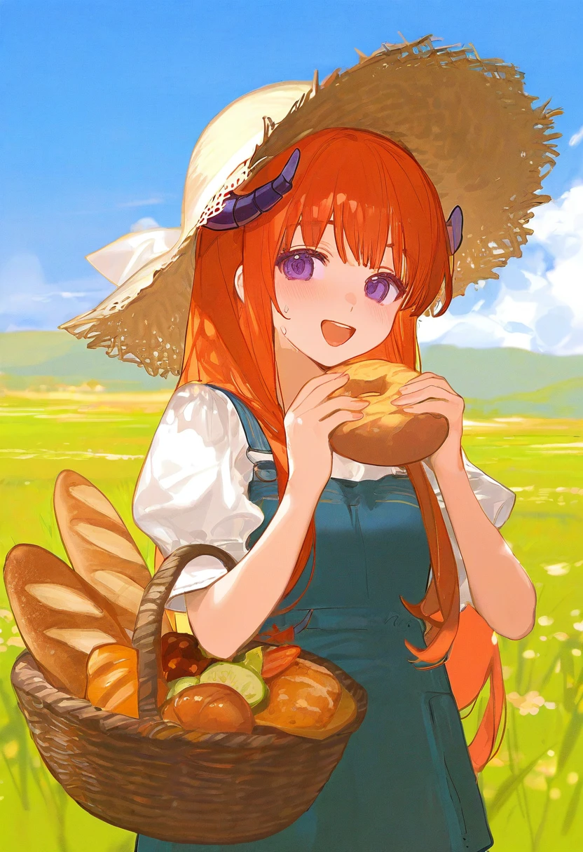 miyuki \(miyuki0529\),potg,rei \(sanbonzakura\),cierra \(ra-bit\),ask \(askzy\),gomzi,you shimizu,[ningen mame],ciloranko, - 1girl,bagpipe \(arknights\),arknights,baguette,blush,bread,croissant,holding basket,pretzel,upper body,straw hat,field,sky,laughing,sweat,sunlight,