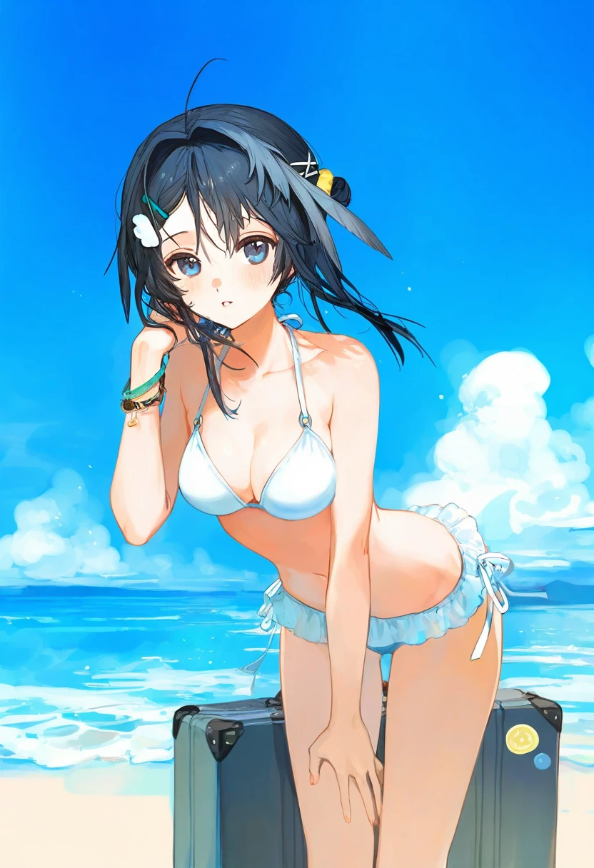 ((kuzuvine)),[[[ciloranko]]],[[dino \(dinoartforame\)]], - 1girl,la pluma \(summer flowers\) \(arknights\),arknights,white bikini,outdoors,navel,day,sky,blue sky,beach,suitcase,looking at viewer,ocean,low-tied long hair,leaning forward,standing,holding,frills,hand up,bare shoulders,floating hair,