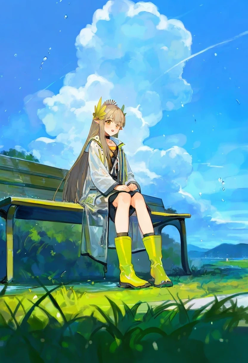 ((kuzuvine)),[[[ciloranko]]],[[dino \(dinoartforame\)]], - 1girl,muelsyse \(arknights\),arknights,cloudy sky,grass,on bench,outdoors,rain,road,yellow rubber boots,see-through coat,sitting,transparent raincoat,water drop,