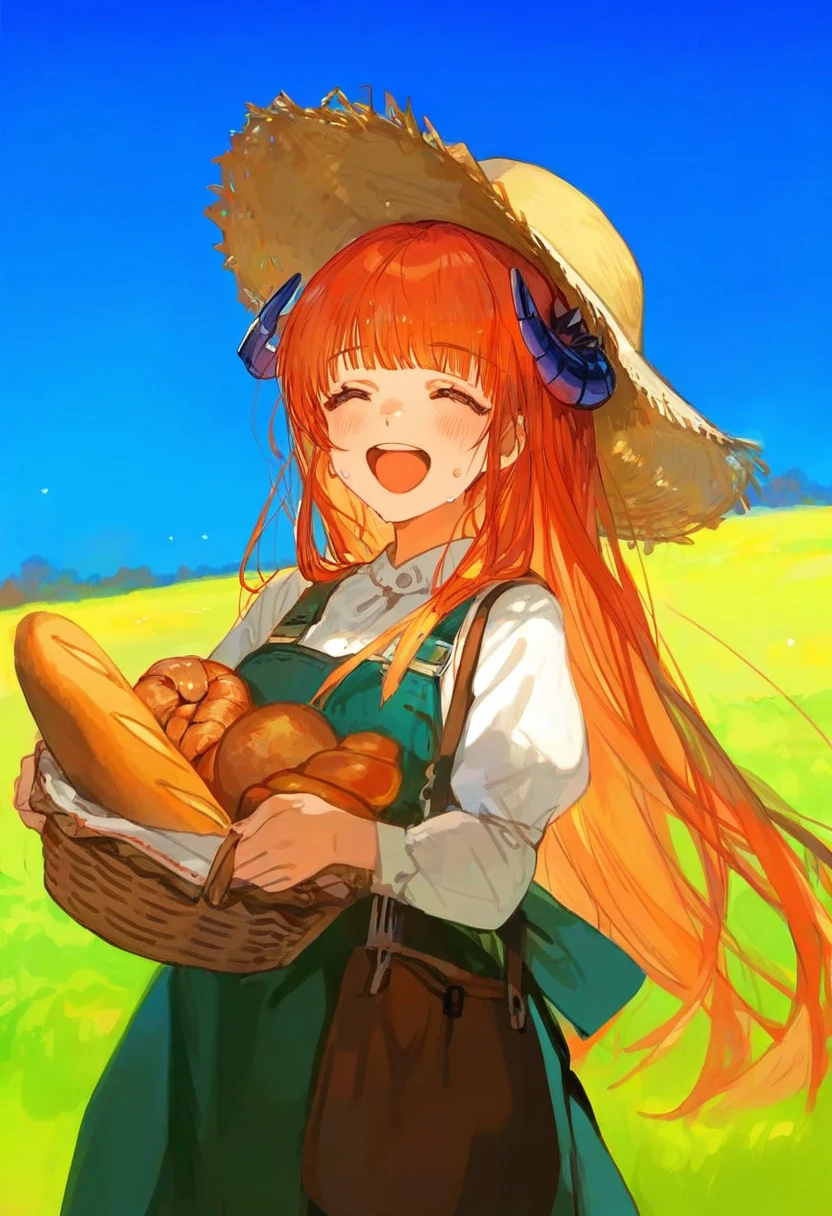 ((kuzuvine)),[[[ciloranko]]],[[dino \(dinoartforame\)]], - 1girl,bagpipe \(arknights\),arknights,baguette,blush,bread,croissant,holding basket,pretzel,upper body,straw hat,field,sky,laughing,sweat,sunlight,