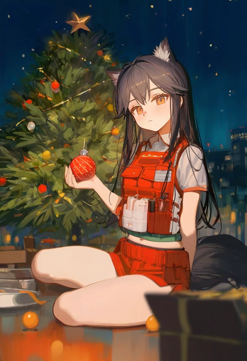 [ningen mame,ciloranko,sho \(sho lwlw\),tianliang duohe fangdongye,alphonse \(white datura\),rei \(sanbonzakura\)], - 1girl,texas \(arknights\),arknights,underwear,tactical vest,christmas tree,christmas ornaments,
