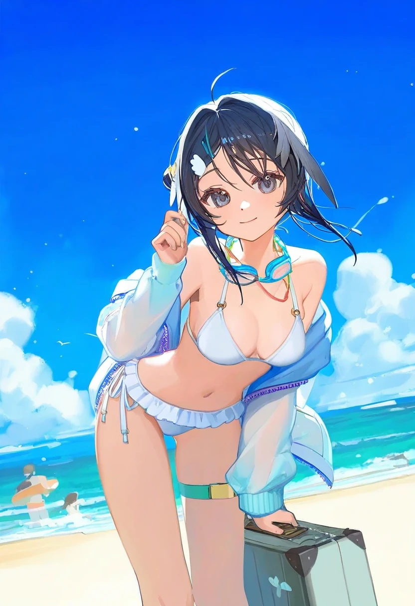 [ningen mame,ciloranko,sho \(sho lwlw\),tianliang duohe fangdongye,alphonse \(white datura\),rei \(sanbonzakura\)], - 1girl,la pluma \(summer flowers\) \(arknights\),arknights,white bikini,outdoors,navel,day,sky,blue sky,beach,suitcase,looking at viewer,ocean,low-tied long hair,leaning forward,standing,holding,frills,hand up,bare shoulders,floating hair,