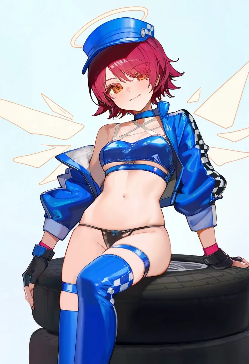 [ningen mame,ciloranko,sho \(sho lwlw\),tianliang duohe fangdongye,alphonse \(white datura\),rei \(sanbonzakura\)], - 1girl,exusiai \(arknights\),arknights,black gloves,black panties,blue thigh boots,blue hat,blue jacket,long sleeves,race queen,thigh strap,thong,single bare shoulder,skindentation,tire,