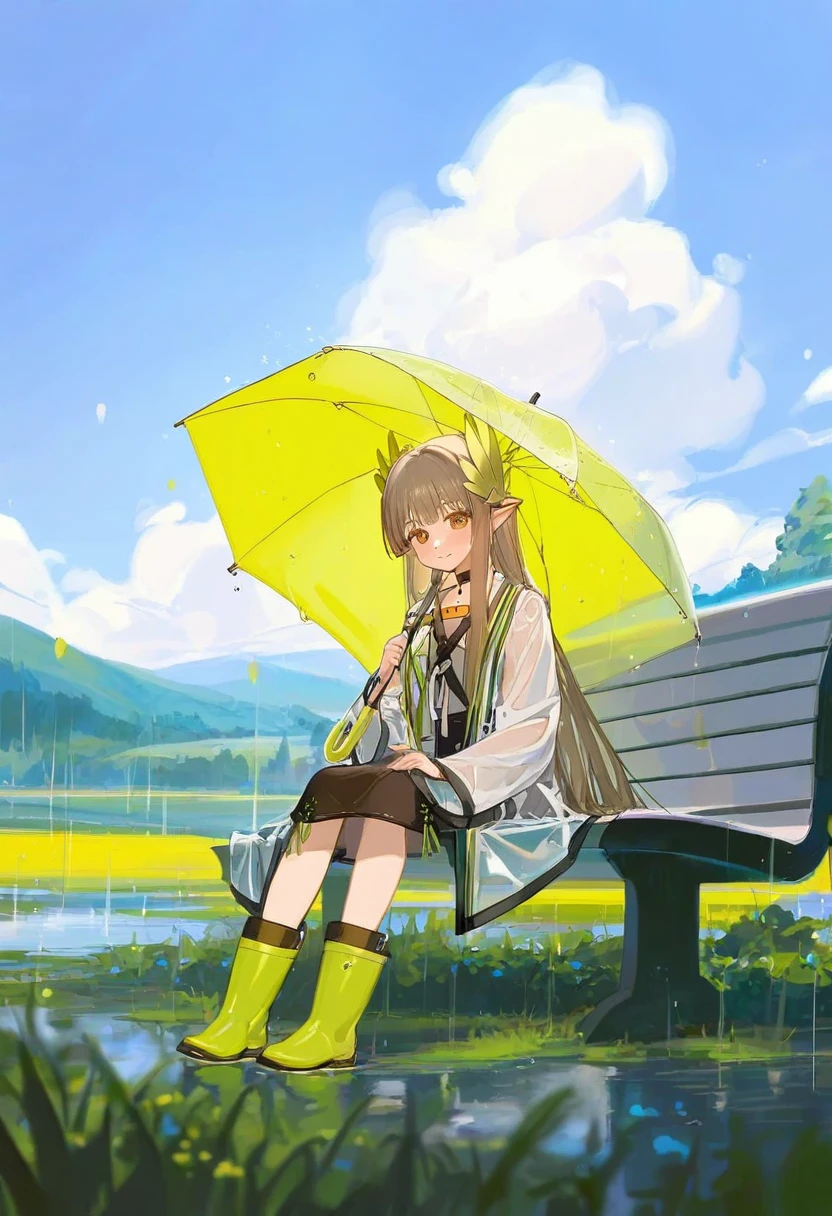 [ningen mame,ciloranko,sho \(sho lwlw\),tianliang duohe fangdongye,alphonse \(white datura\),rei \(sanbonzakura\)], - 1girl,muelsyse \(arknights\),arknights,cloudy sky,grass,on bench,outdoors,rain,road,yellow rubber boots,see-through coat,sitting,transparent raincoat,water drop,