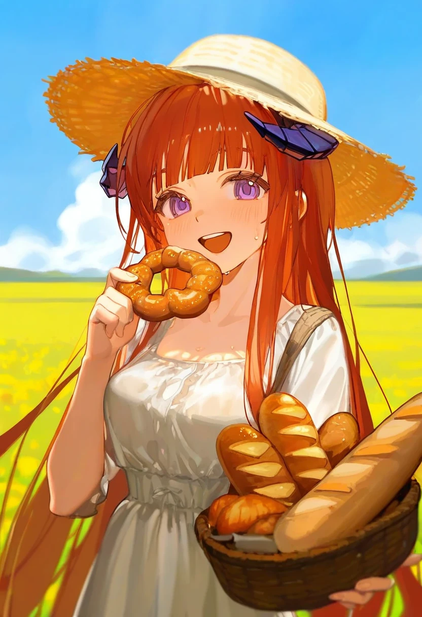 [ningen mame,ciloranko,sho \(sho lwlw\),tianliang duohe fangdongye,alphonse \(white datura\),rei \(sanbonzakura\)], - 1girl,bagpipe \(arknights\),arknights,baguette,blush,bread,croissant,holding basket,pretzel,upper body,straw hat,field,sky,laughing,sweat,sunlight,