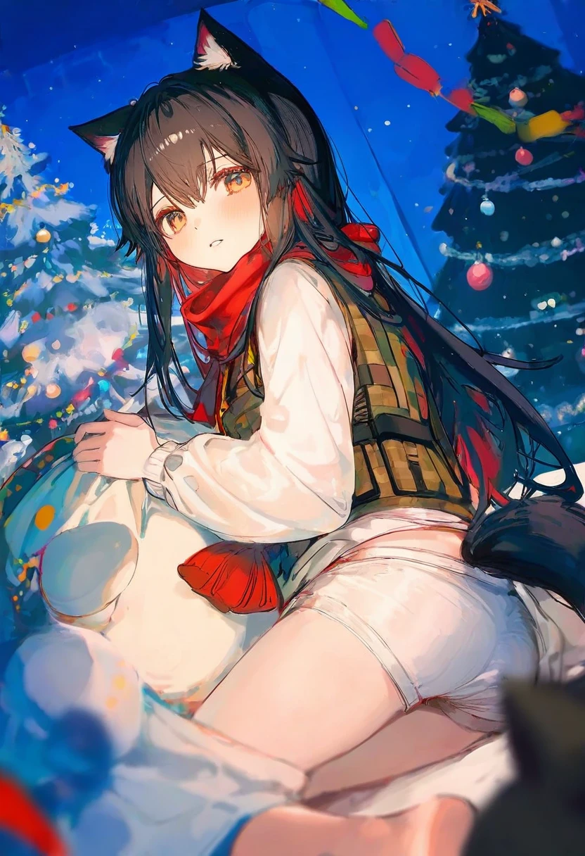 [[ningen mame]],ciloranko,noyu \(noyu23386566\),morikura en, - 1girl,texas \(arknights\),arknights,underwear,tactical vest,christmas tree,christmas ornaments,