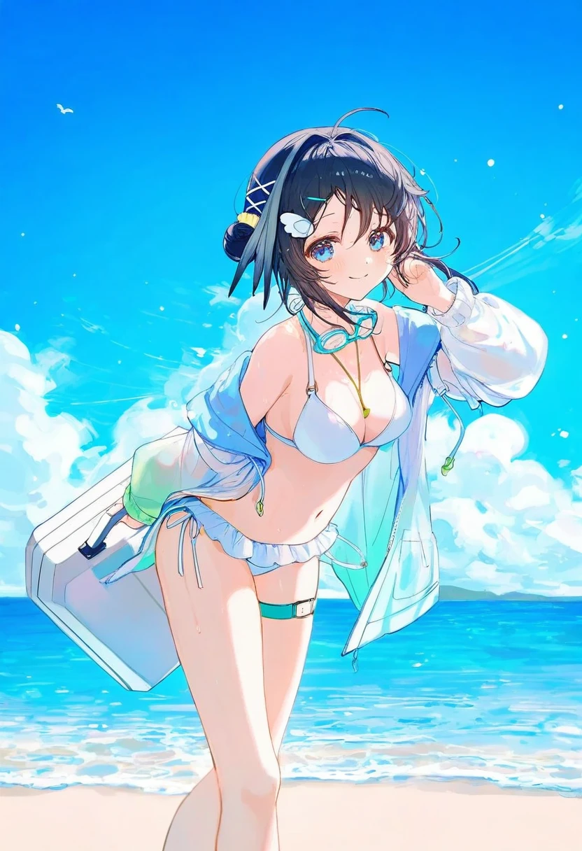 [[ningen mame]],ciloranko,noyu \(noyu23386566\),morikura en, - 1girl,la pluma \(summer flowers\) \(arknights\),arknights,white bikini,outdoors,navel,day,sky,blue sky,beach,suitcase,looking at viewer,ocean,low-tied long hair,leaning forward,standing,holding,frills,hand up,bare shoulders,floating hair,