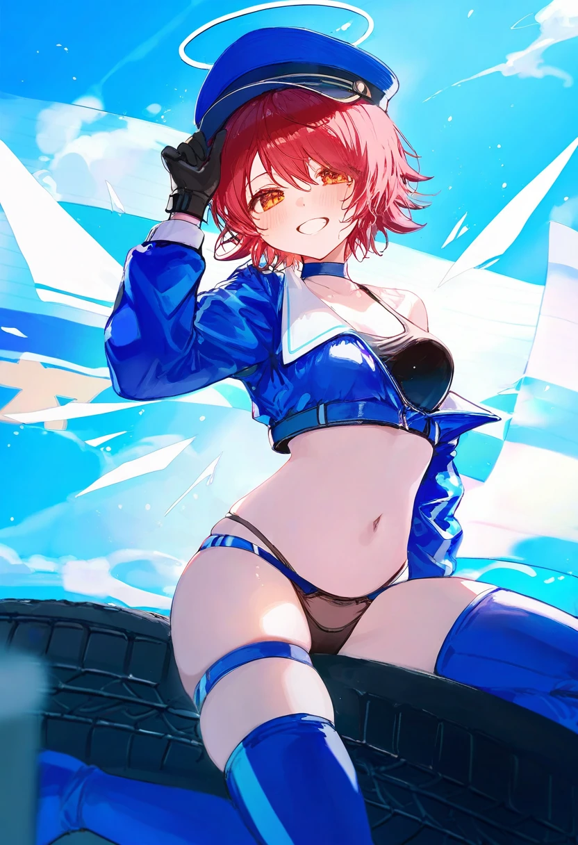 [[ningen mame]],ciloranko,noyu \(noyu23386566\),morikura en, - 1girl,exusiai \(arknights\),arknights,black gloves,black panties,blue thigh boots,blue hat,blue jacket,long sleeves,race queen,thigh strap,thong,single bare shoulder,skindentation,tire,