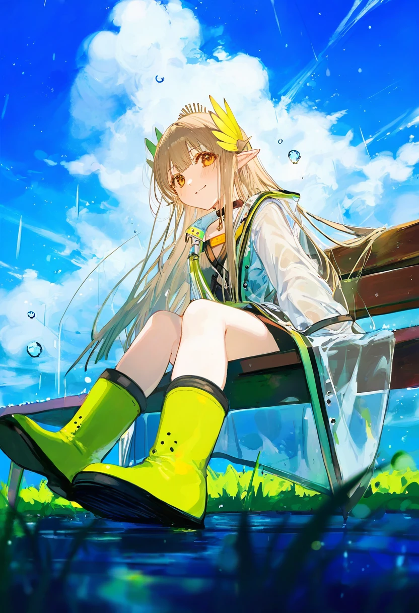 [[ningen mame]],ciloranko,noyu \(noyu23386566\),morikura en, - 1girl,muelsyse \(arknights\),arknights,cloudy sky,grass,on bench,outdoors,rain,road,yellow rubber boots,see-through coat,sitting,transparent raincoat,water drop,