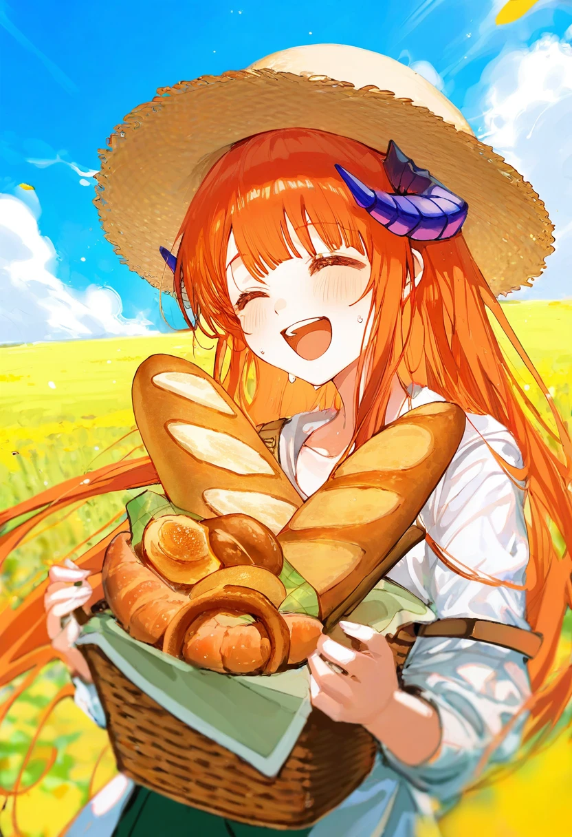 [[ningen mame]],ciloranko,noyu \(noyu23386566\),morikura en, - 1girl,bagpipe \(arknights\),arknights,baguette,blush,bread,croissant,holding basket,pretzel,upper body,straw hat,field,sky,laughing,sweat,sunlight,
