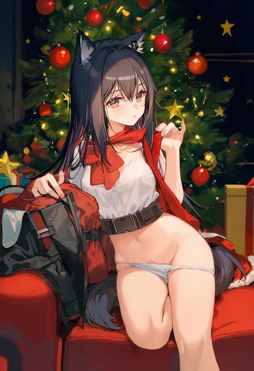 [ningen mame],[ATDAN],ciloranko,[[rhasta]],tidsean,[,[ke-ta],ciloranko,((chiaroscuro)),[sho \(sho lwlw\)]], - 1girl,texas \(arknights\),arknights,underwear,tactical vest,christmas tree,christmas ornaments,