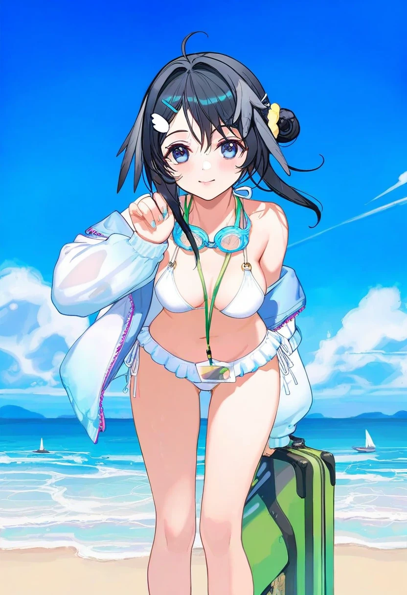 [ningen mame],[ATDAN],ciloranko,[[rhasta]],tidsean,[,[ke-ta],ciloranko,((chiaroscuro)),[sho \(sho lwlw\)]], - 1girl,la pluma \(summer flowers\) \(arknights\),arknights,white bikini,outdoors,navel,day,sky,blue sky,beach,suitcase,looking at viewer,ocean,low-tied long hair,leaning forward,standing,holding,frills,hand up,bare shoulders,floating hair,