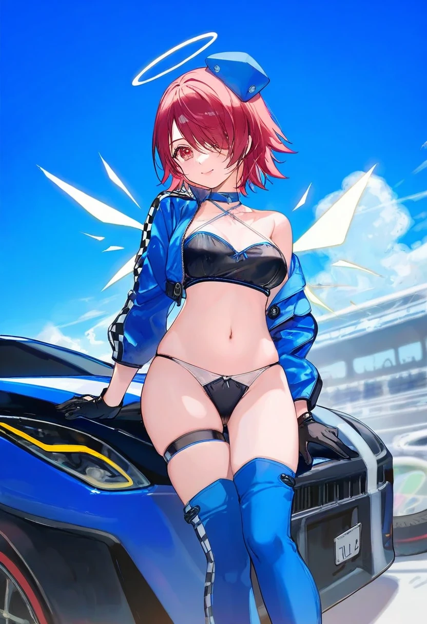 [ningen mame],[ATDAN],ciloranko,[[rhasta]],tidsean,[,[ke-ta],ciloranko,((chiaroscuro)),[sho \(sho lwlw\)]], - 1girl,exusiai \(arknights\),arknights,black gloves,black panties,blue thigh boots,blue hat,blue jacket,long sleeves,race queen,thigh strap,thong,single bare shoulder,skindentation,tire,