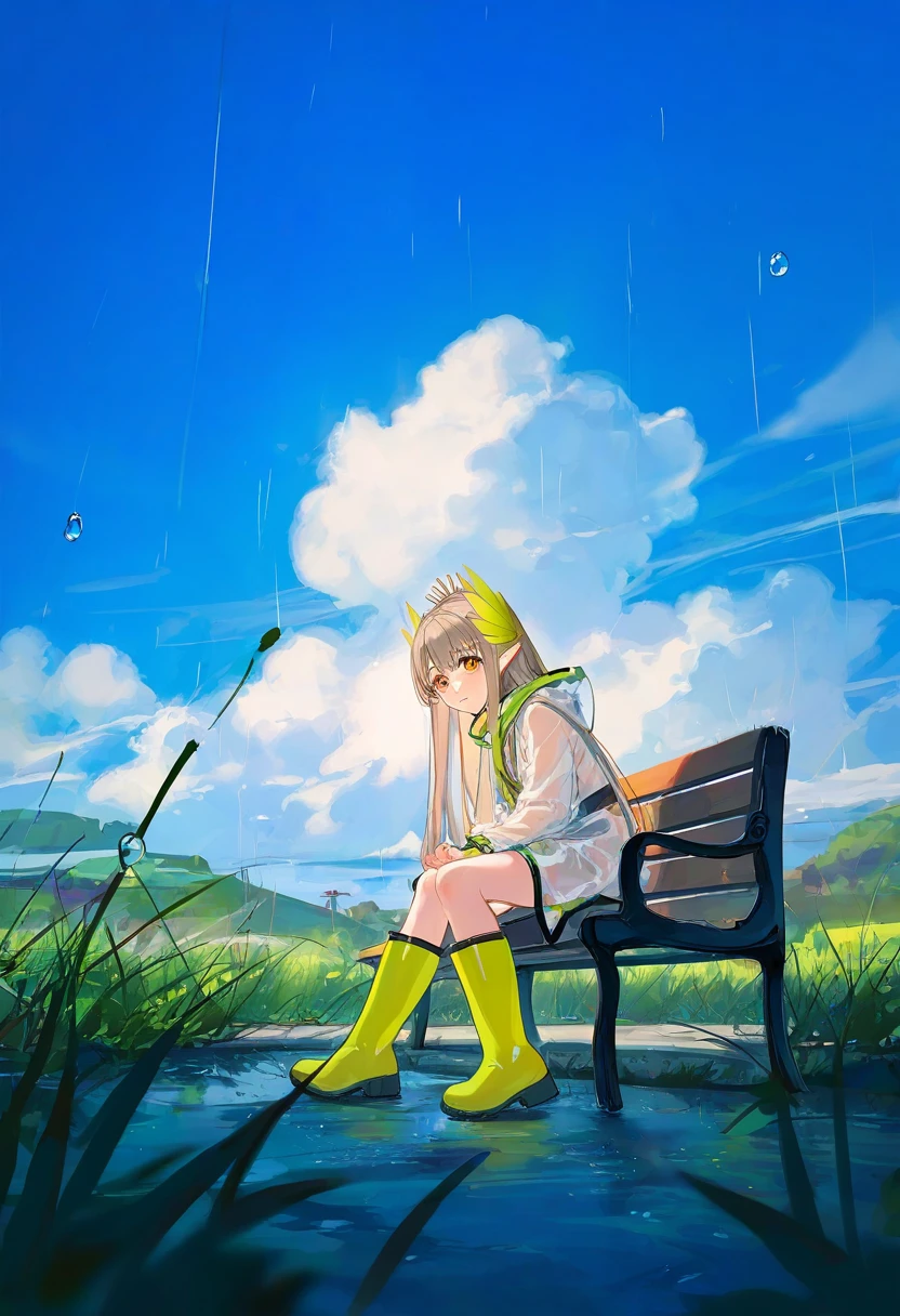 [ningen mame],[ATDAN],ciloranko,[[rhasta]],tidsean,[,[ke-ta],ciloranko,((chiaroscuro)),[sho \(sho lwlw\)]], - 1girl,muelsyse \(arknights\),arknights,cloudy sky,grass,on bench,outdoors,rain,road,yellow rubber boots,see-through coat,sitting,transparent raincoat,water drop,