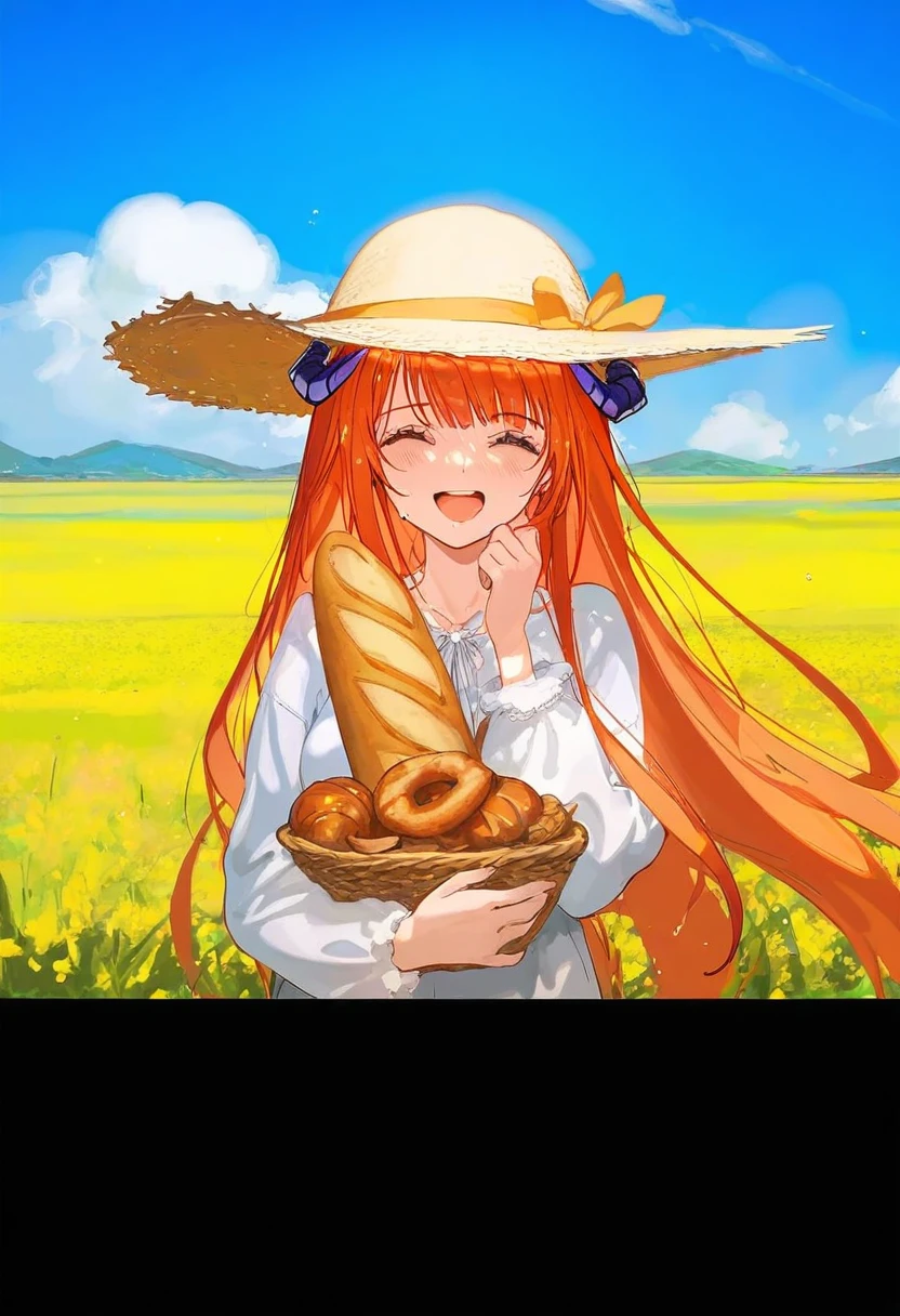 [ningen mame],[ATDAN],ciloranko,[[rhasta]],tidsean,[,[ke-ta],ciloranko,((chiaroscuro)),[sho \(sho lwlw\)]], - 1girl,bagpipe \(arknights\),arknights,baguette,blush,bread,croissant,holding basket,pretzel,upper body,straw hat,field,sky,laughing,sweat,sunlight,